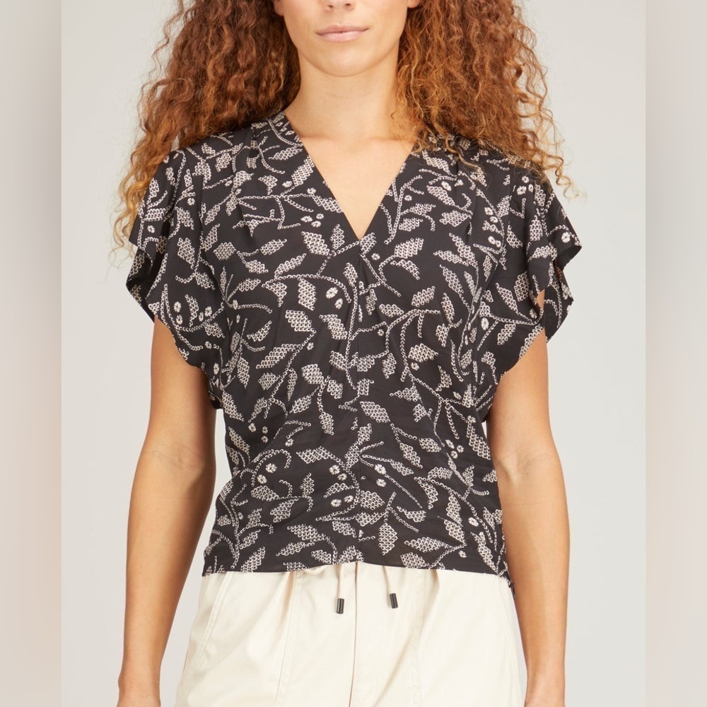 Isabel Marant Étoile Delocia Floral Blouse in Black V-neck Flutter Sleeves